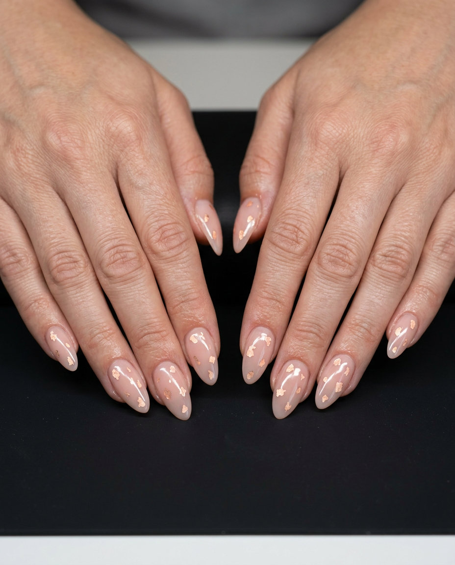 Pale Peach Foil Flake Nails 2026 Pale peach foil flakes on almond nails for almond summer nails 2026 for fair skin.