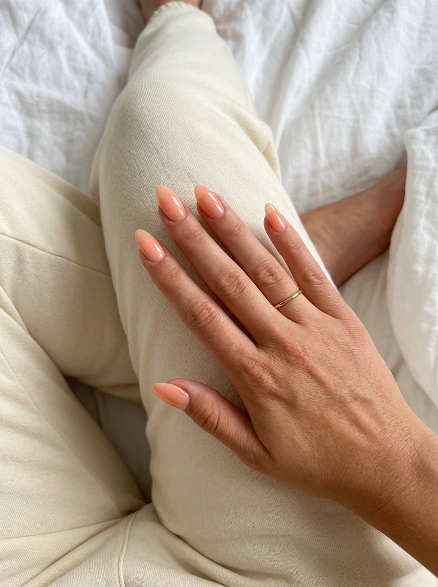 Peachy Keen Jelly Gloss Almond Nails 2026 Almond summer nails 2026 for fair skin: Peachy Keen Jelly Gloss. Translucent pale peach, high-gloss finish on medium almond nails.