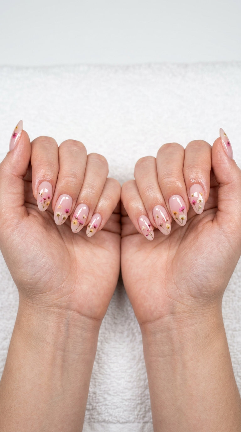 Sheer Pink Milk Bath Almond Nails 2026 Almond summer nails 2026 for fair skin: Sheer Pink Milk Bath. Milky pink with embedded delicate dried flowers.