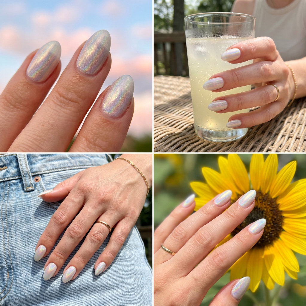 Holographic Almond Sheen Nails 2026 Almond summer nails 2026 for fair skin: Subtle Holographic Almond. Sheer white base with holographic rainbow shift.