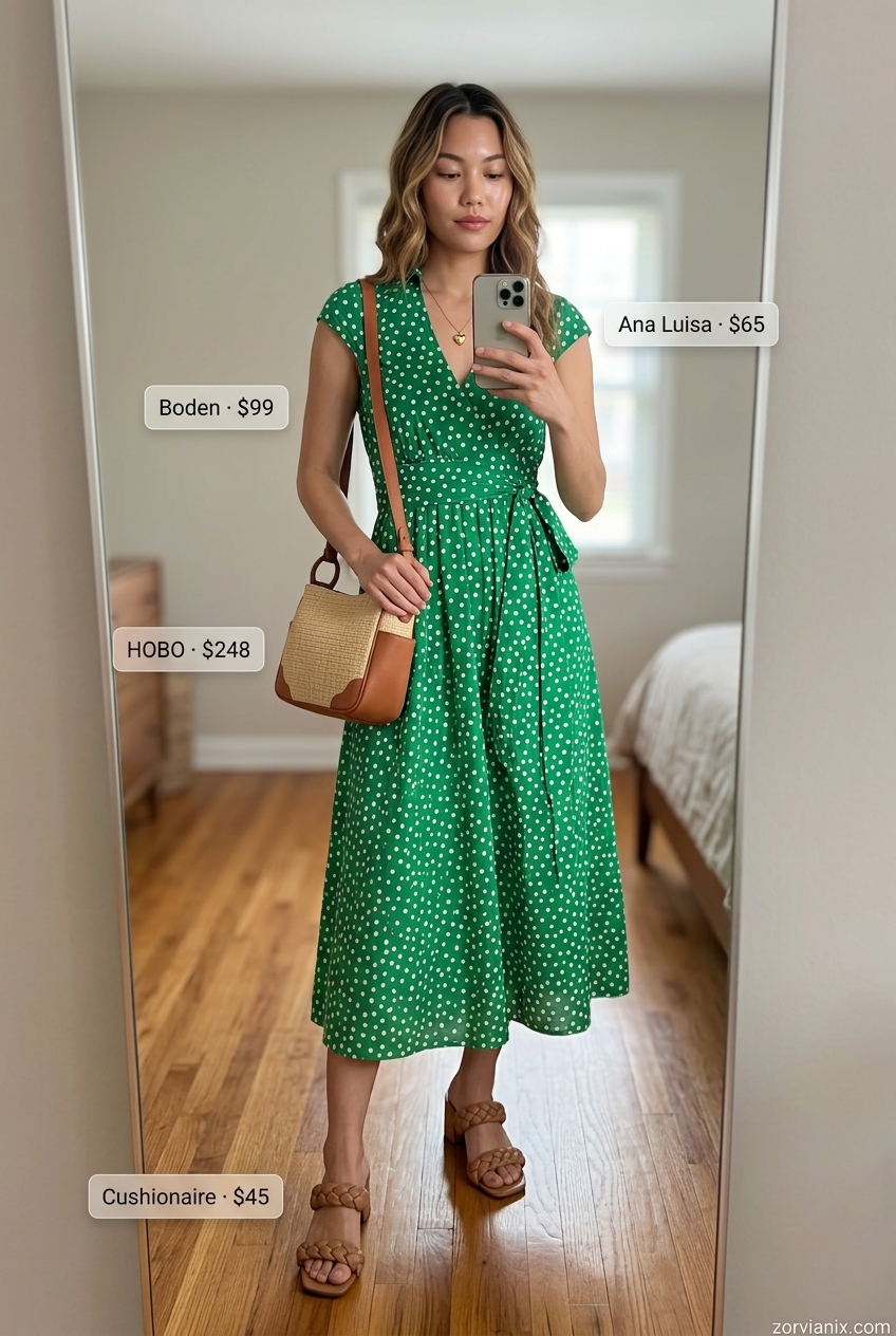 Summer Day Out Outfits: Emerald green romper, straw bag, gold necklace, block heels. Not a tiered dress.