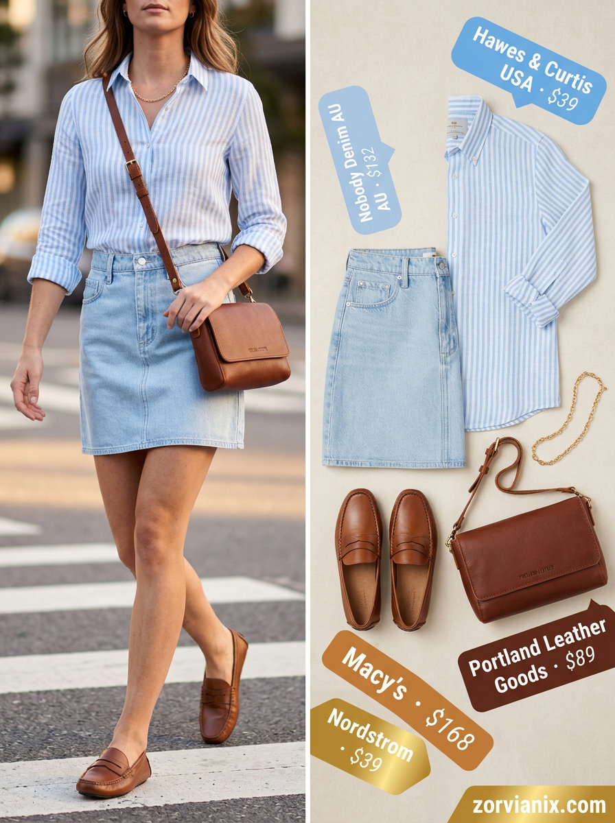 What to Wear with Denim Skirt Summer 2026: Smart Casual Denim Shorts alternative outfit with striped shirt and loafers.