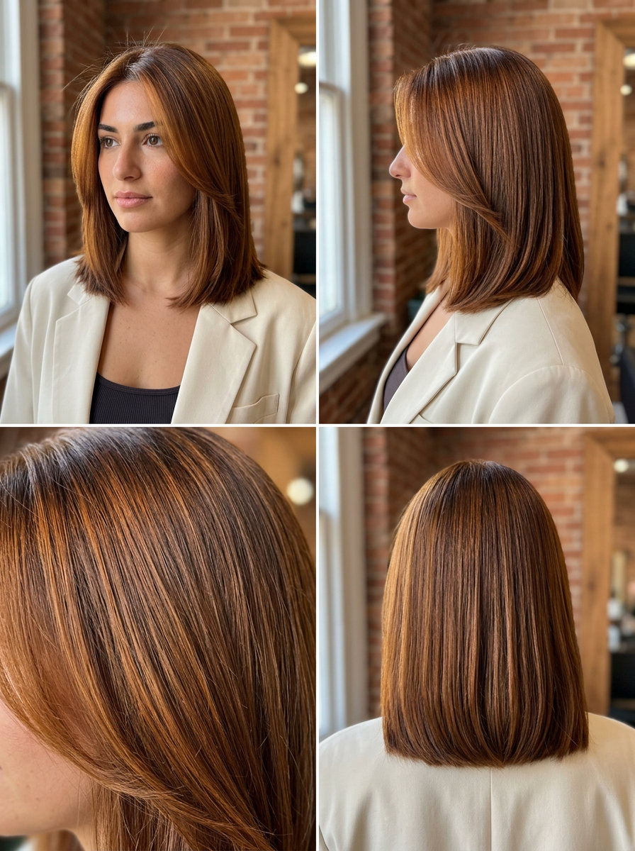 Glossy Amber Auburn Brunette 2026 collarbone-length blunt auburn hair color with amber & golden undertones, high-shine gloss — sophisticated & subtle