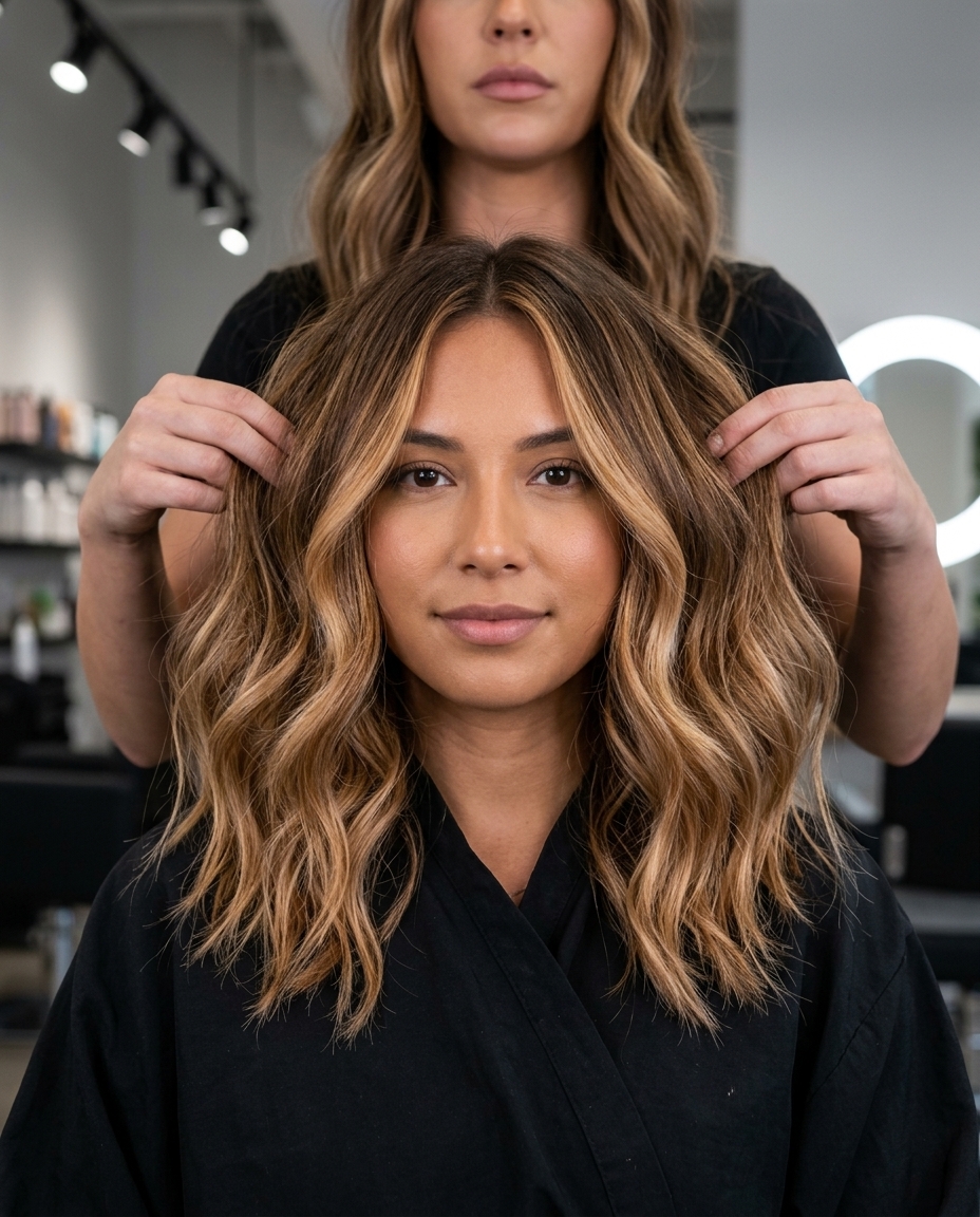 long textured shag 'Amber Ribbon' highlights with copper-gold balayage, face-framing — radiant summer hair