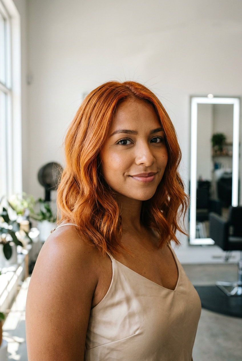 shoulder-length blunt auburn hair color with orange-red undertones, global application — bold & vibrant