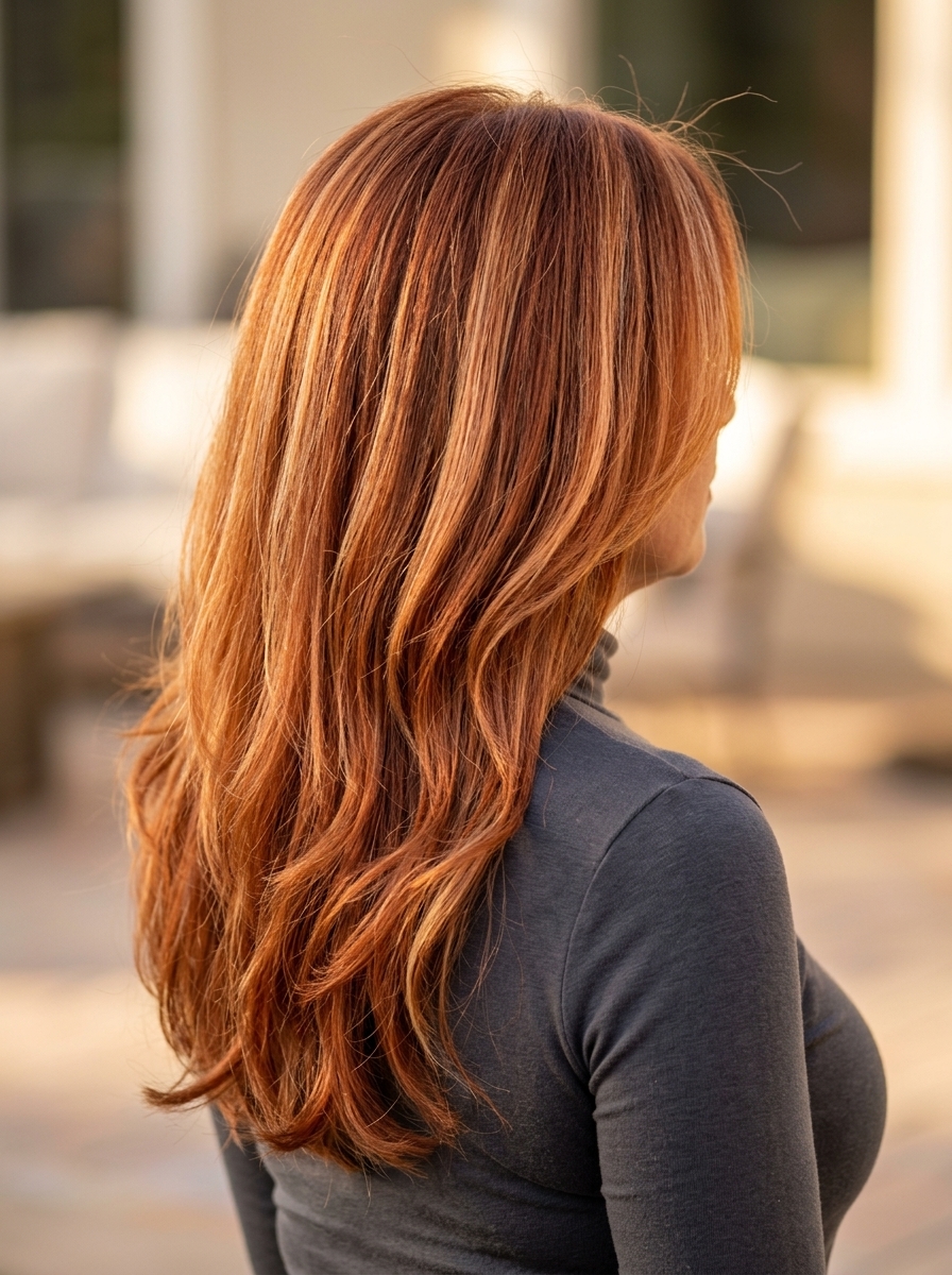 mid-back long layered haircut with apricot copper balayage, strawberry blonde highlights, no bangs for festival
