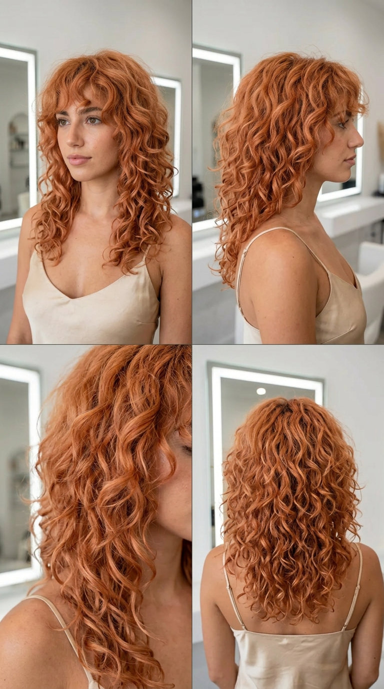 medium-long shag haircut in apricot copper with curly bangs and textured layers for playful look
