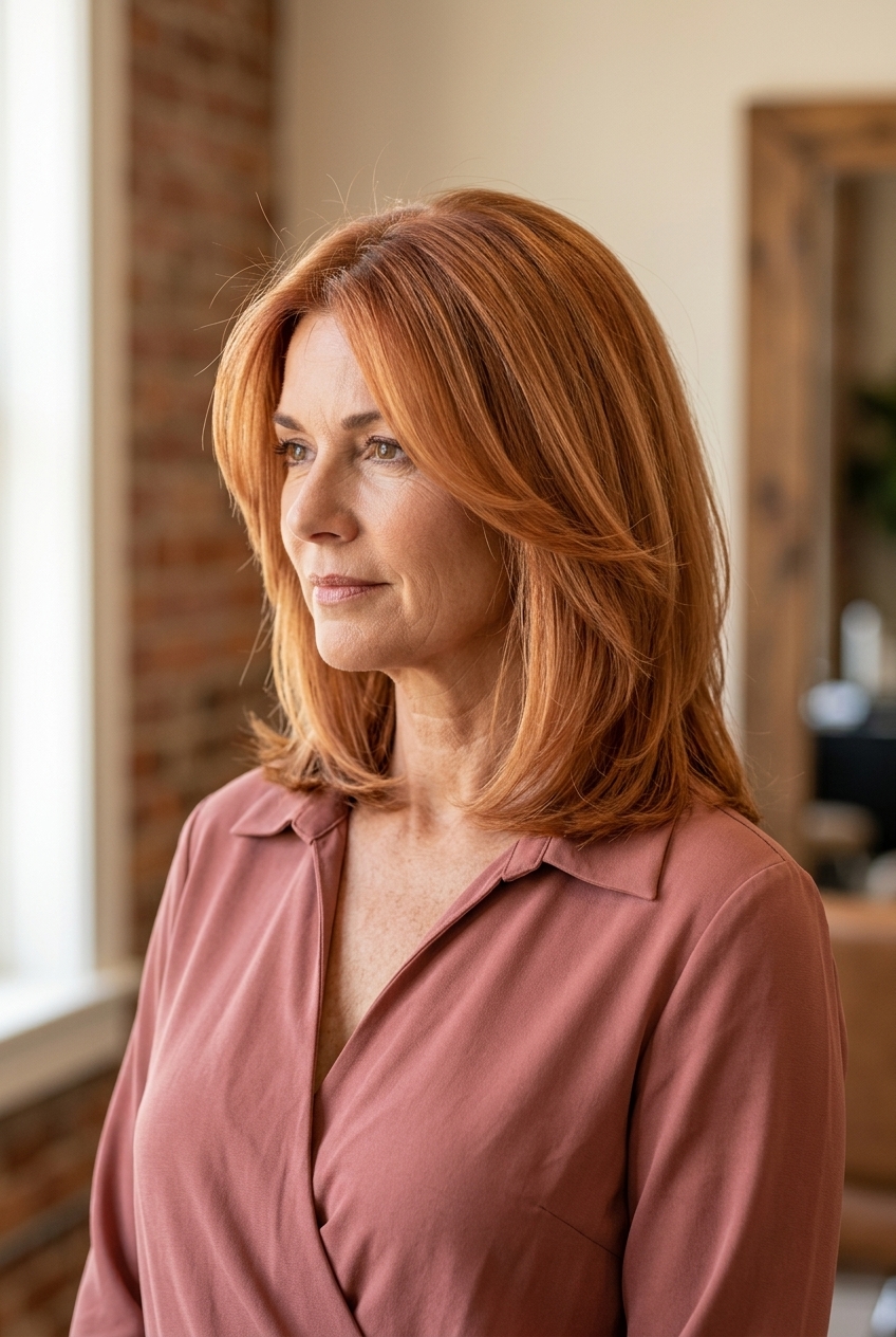 mid-length haircut with apricot copper, strawberry blonde babylights, graduated layers, soft U-cut — elegant daily wear