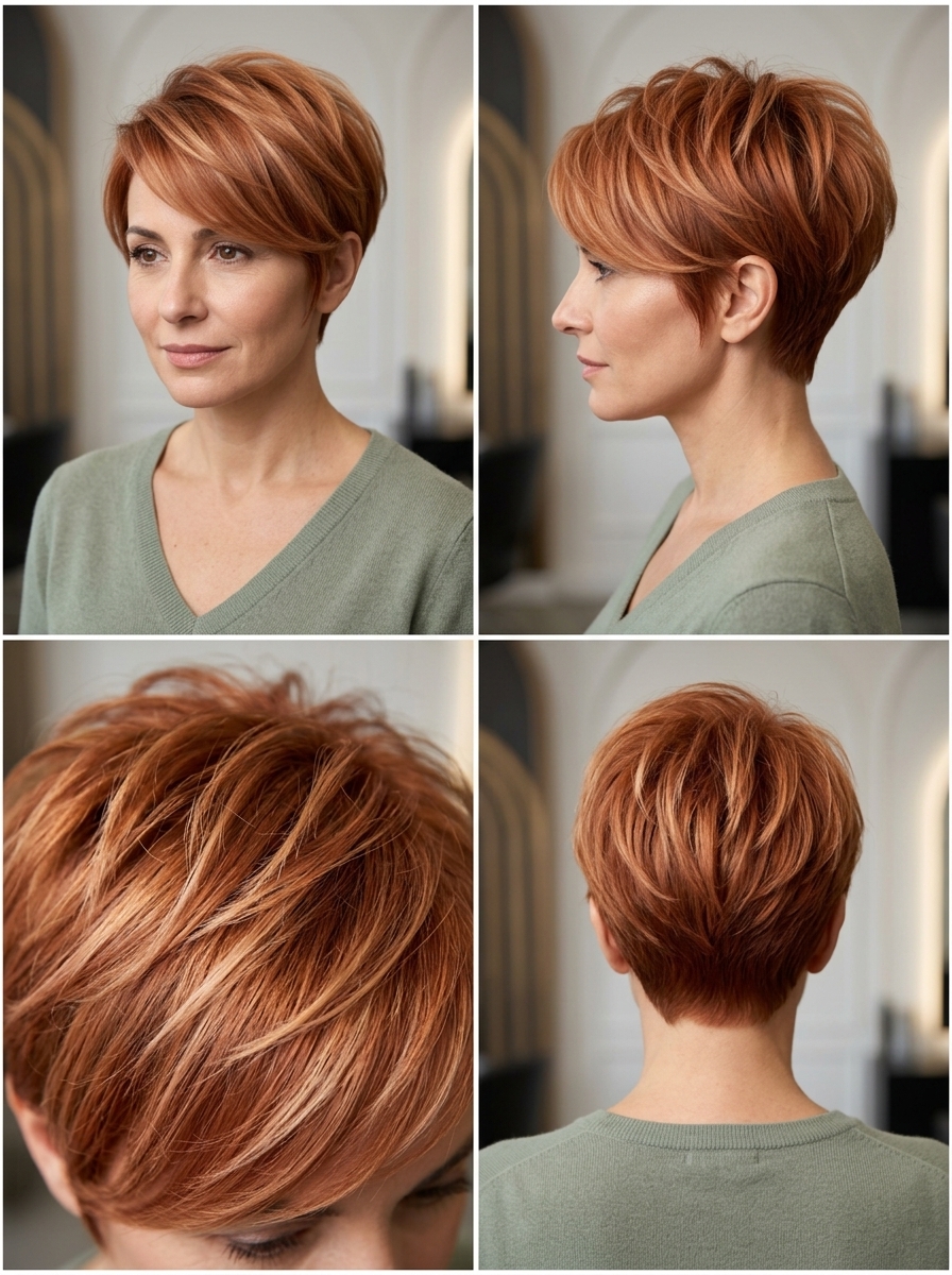 short pixie haircut in apricot crush copper with strawberry blonde highlights for summer