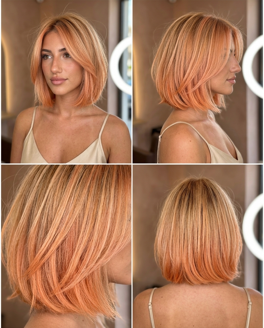 chin-length textured bob apricot crush with pastel peach, strawberry blonde highlights, point-cut ends for summer