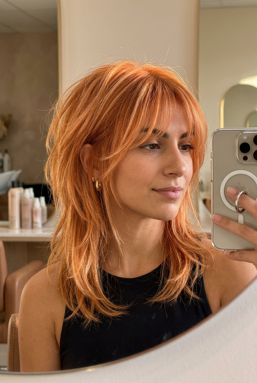 collarbone-length shag with apricot crush, strawberry blonde highlights, wispy fringe — edgy summer haircut for round face