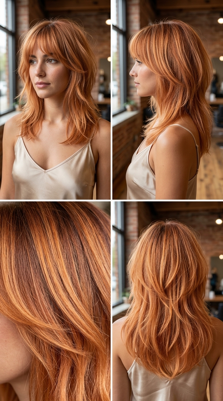 medium shag haircut with vibrant apricot crush balayage and wispy fringe for summer