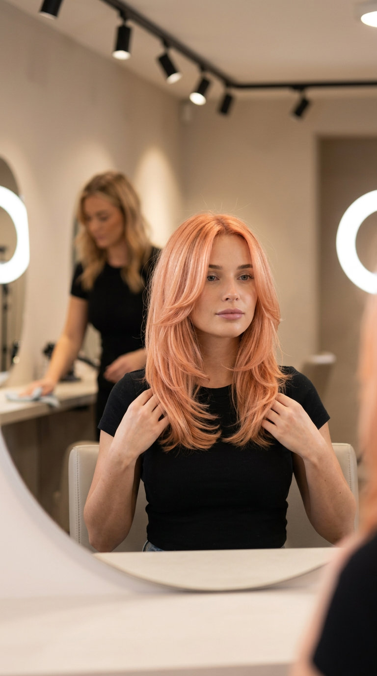 shoulder-grazing apricot crush midi haircut with blended layers and face-frame, soft peach tones — romantic boho