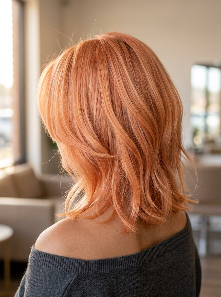 shoulder-length apricot crush layered lob with curtain bangs, soft face-framing highlights — playful romantic
