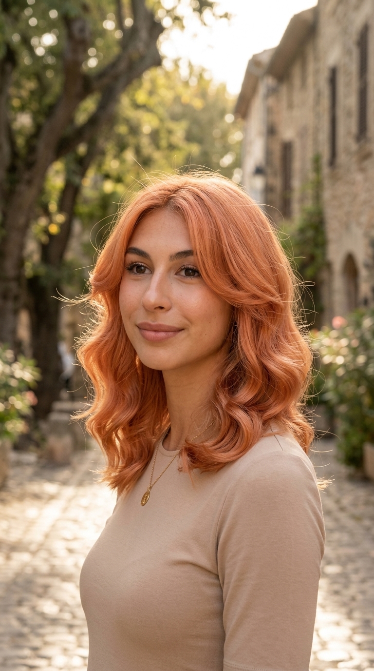 shoulder-length layered cut heatless hairstyle with apricot crush color, vintage rag roll waves — retro feminine