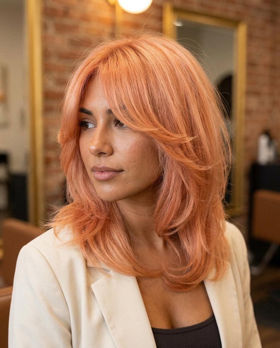 shoulder-length shag haircut in vibrant apricot crush with wispy layers and bottleneck bangs for summer