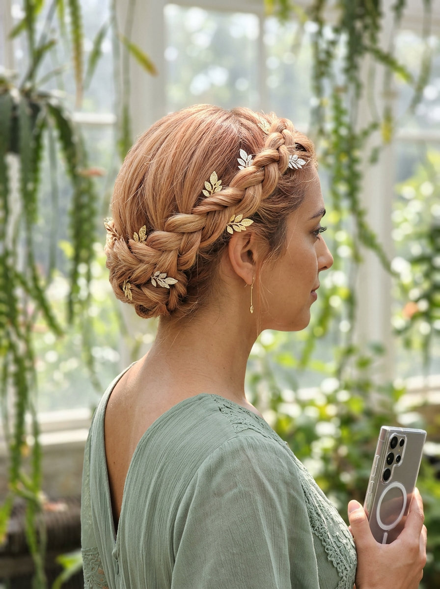 long apricot crush & strawberry blonde braided updo with textured twists for wedding guest