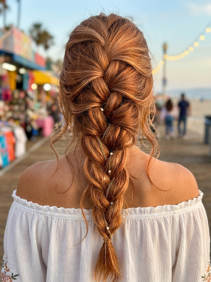long apricot crush french braid with strawberry blonde highlights for festival