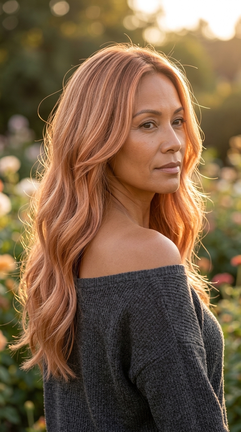 long layered haircut in soft apricot crush with strawberry blonde highlights for summer