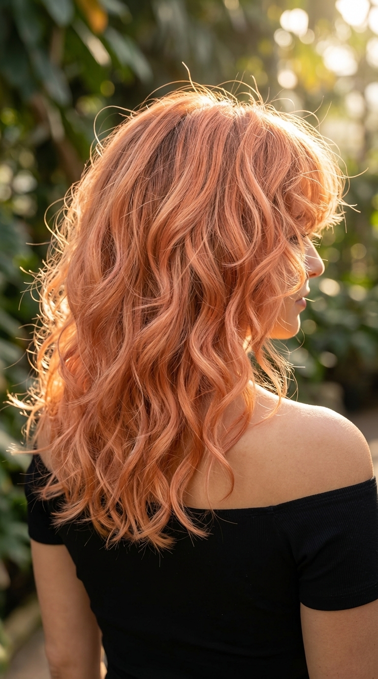 medium shag haircut in apricot crush with peach rose gold balayage and curly fringe for festivals