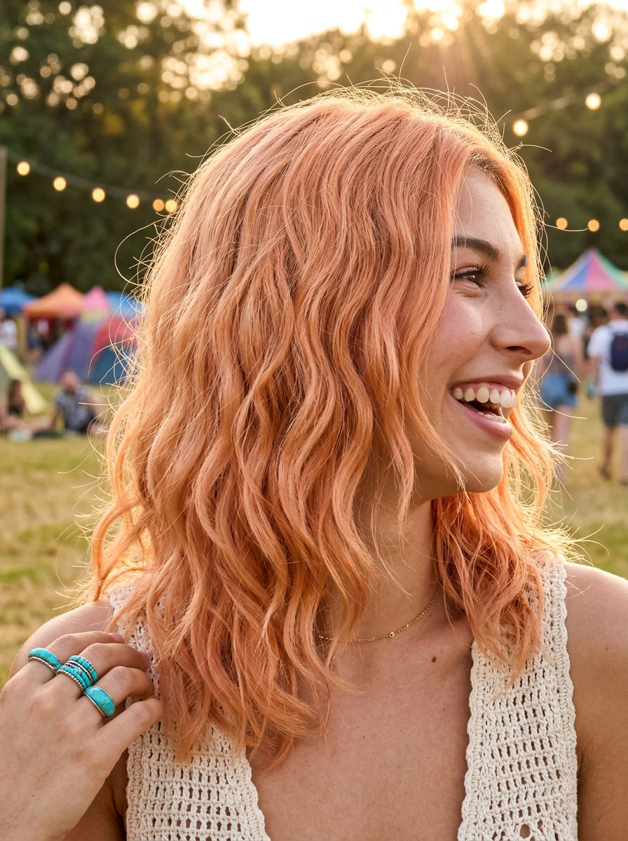 medium apricot orange wavy hairstyle with peachy undertones, soft graduated layers, and jawline face-framing for summer