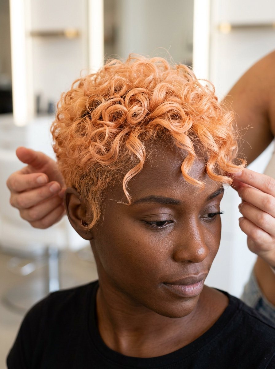 Apricot Curly Pixie Haircut 2026 very short curly pixie haircut in soft apricot orange pastel with tapered sides for playfulness