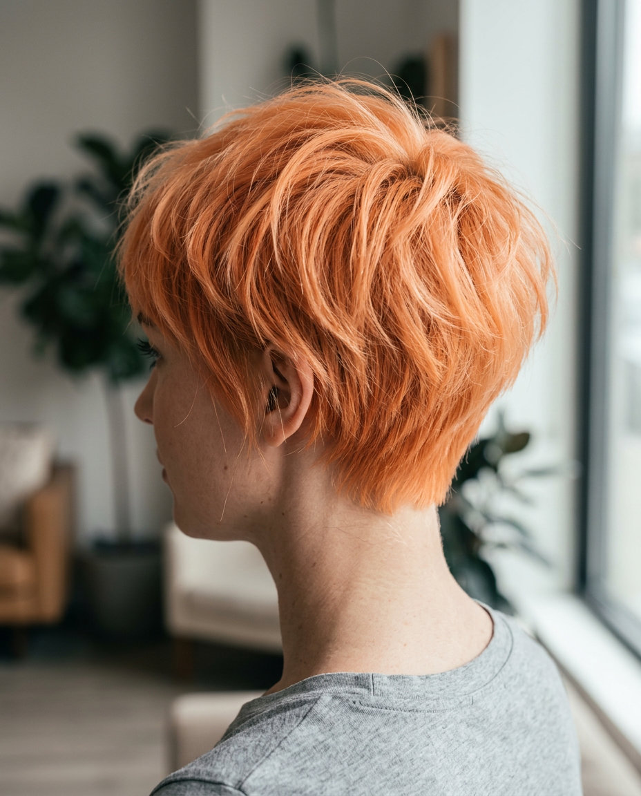 Apricot Crush Pixie Haircut 2026 very short textured pixie haircut with apricot orange, pastel tones for playful edgy