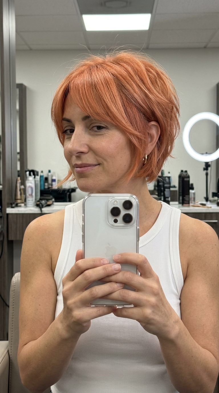 short bixie haircut with apricot crush copper and peach undertones, textured layers — playful summer style