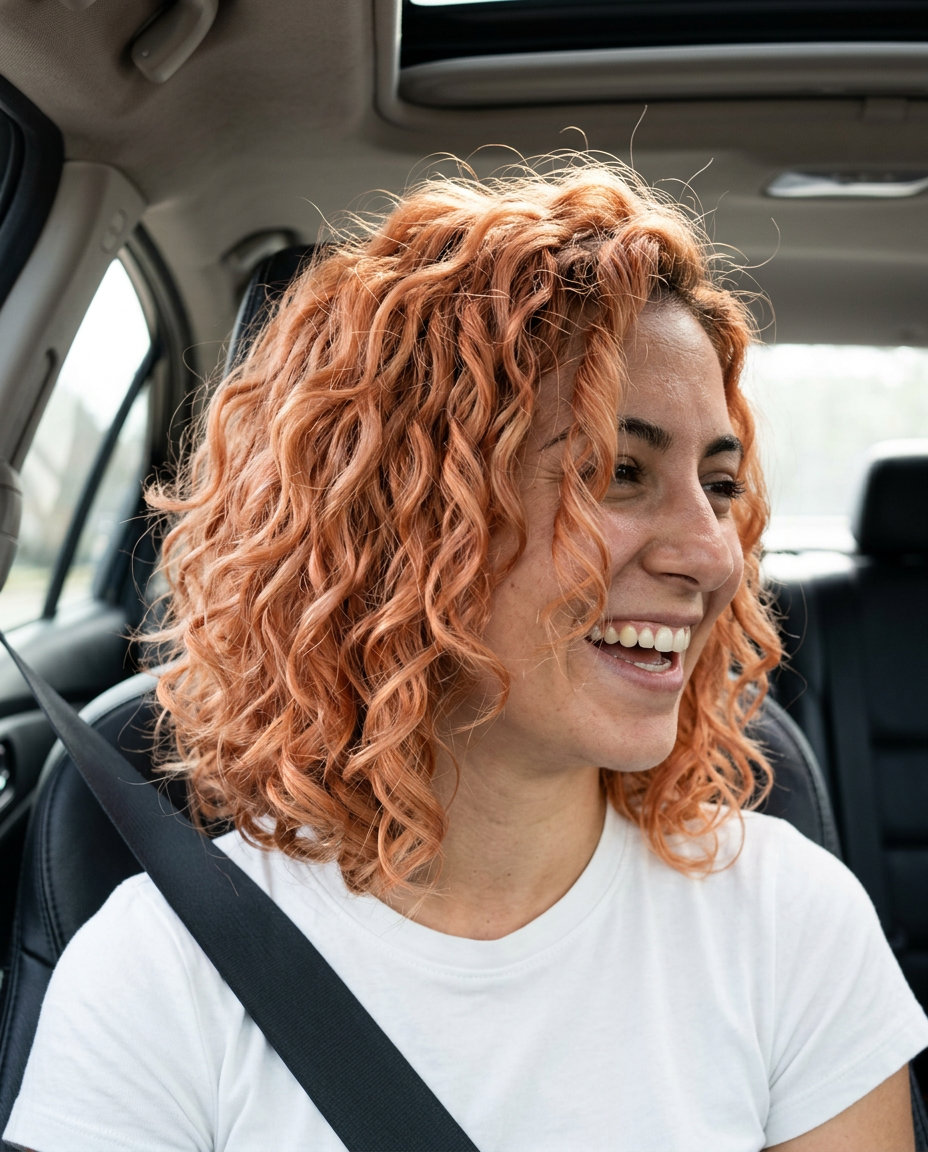 short curly bob haircut with pastel apricot, peach undertones, dry point-cutting — playful energetic daily wear