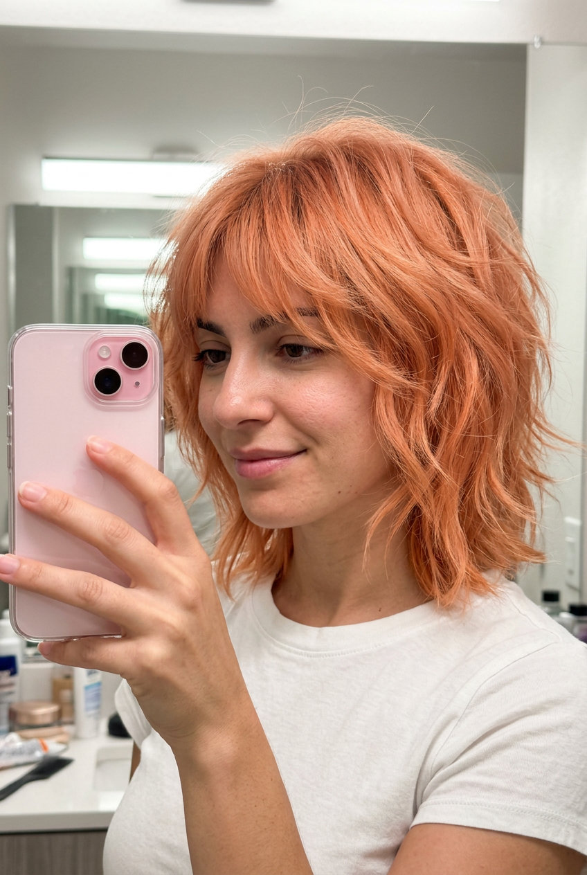 shoulder-length shag haircut in apricot crush with peach tones, heavily layered, wispy bangs — playful summer festival