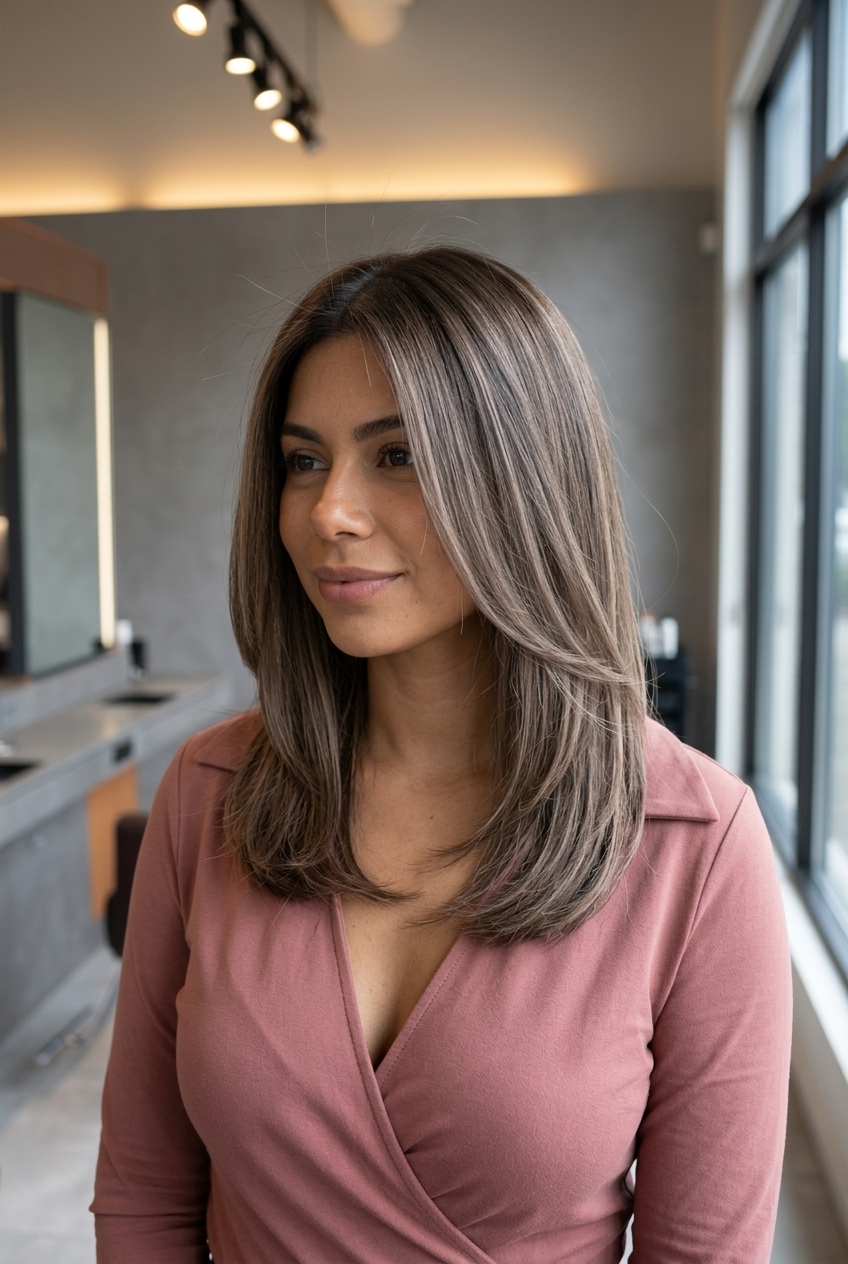 sleek blunt lob with ash-beige babylights, neutral-cool brown base, soft root shadow, no fringe — sophisticated office