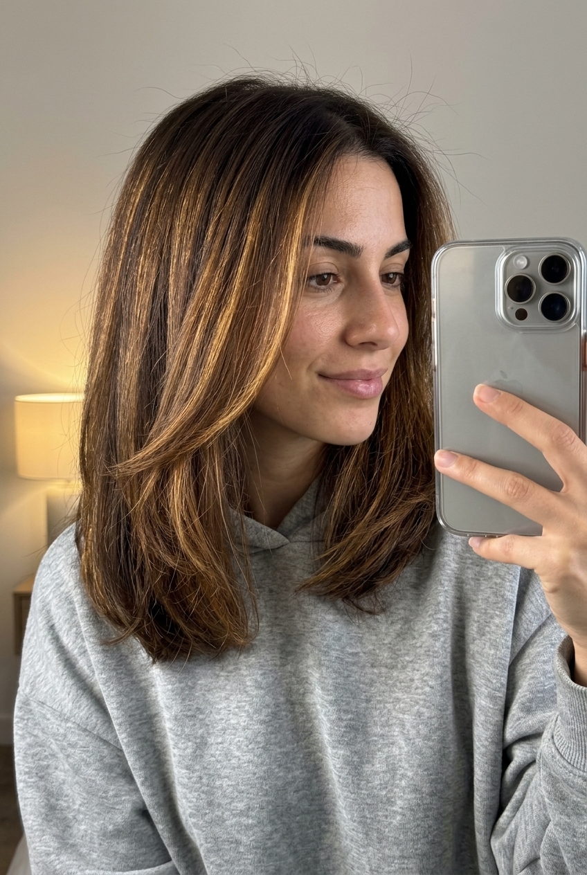 medium layered hair color with cool ash blonde, pearl Scandi-hairline, and subtle babylights for chic