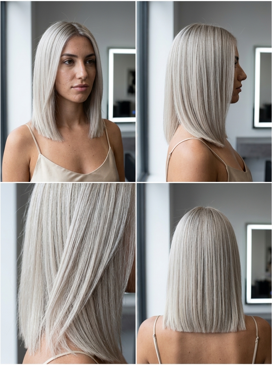 medium lob haircut with icy ash blonde color, blunt cut, and no bangs for a minimalist look