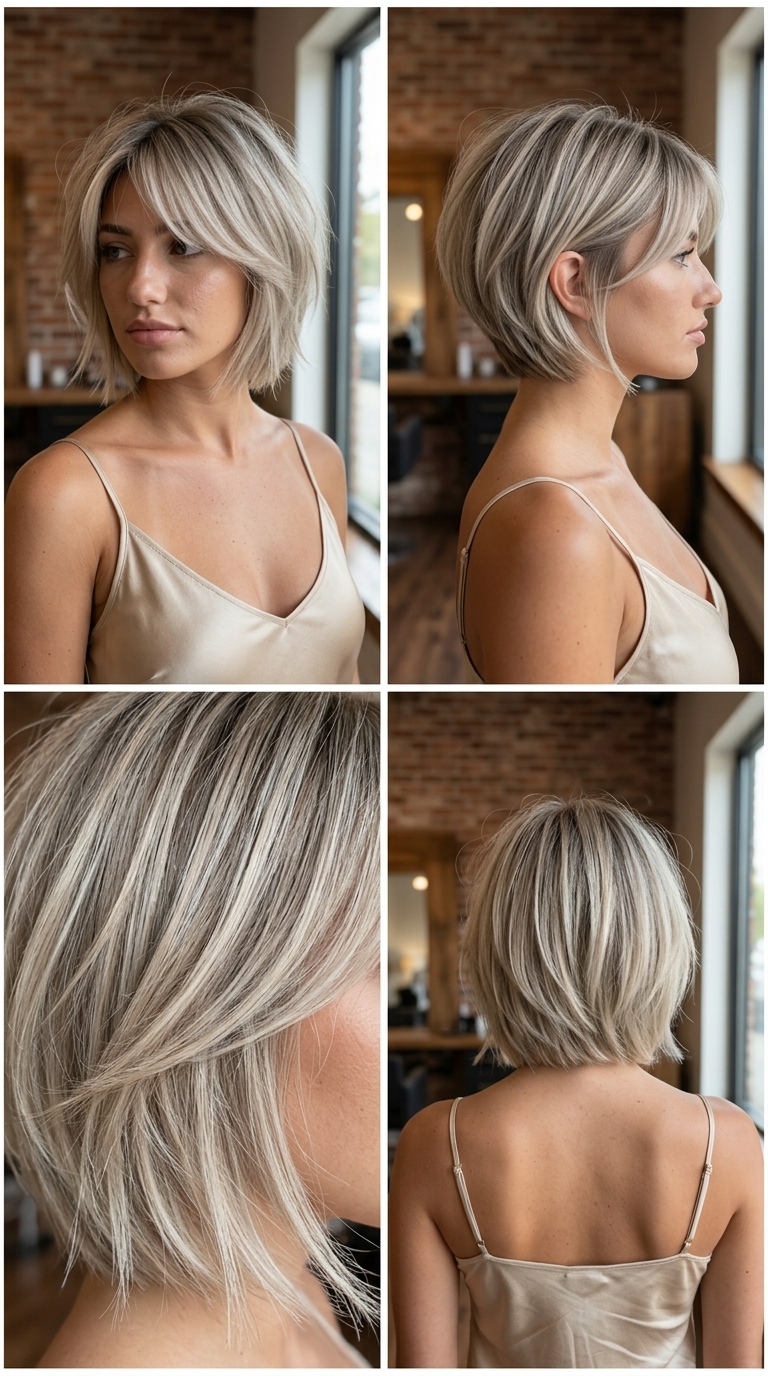 short ash blonde bixie haircut with babylights and deconstructed fringe for effortless chic