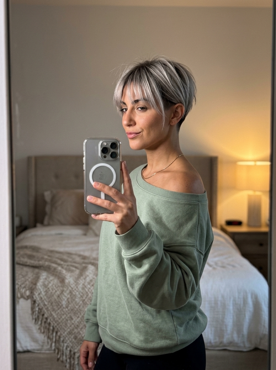 short ash blonde bixie haircut with tapered fade and disconnected fringe for modern edge