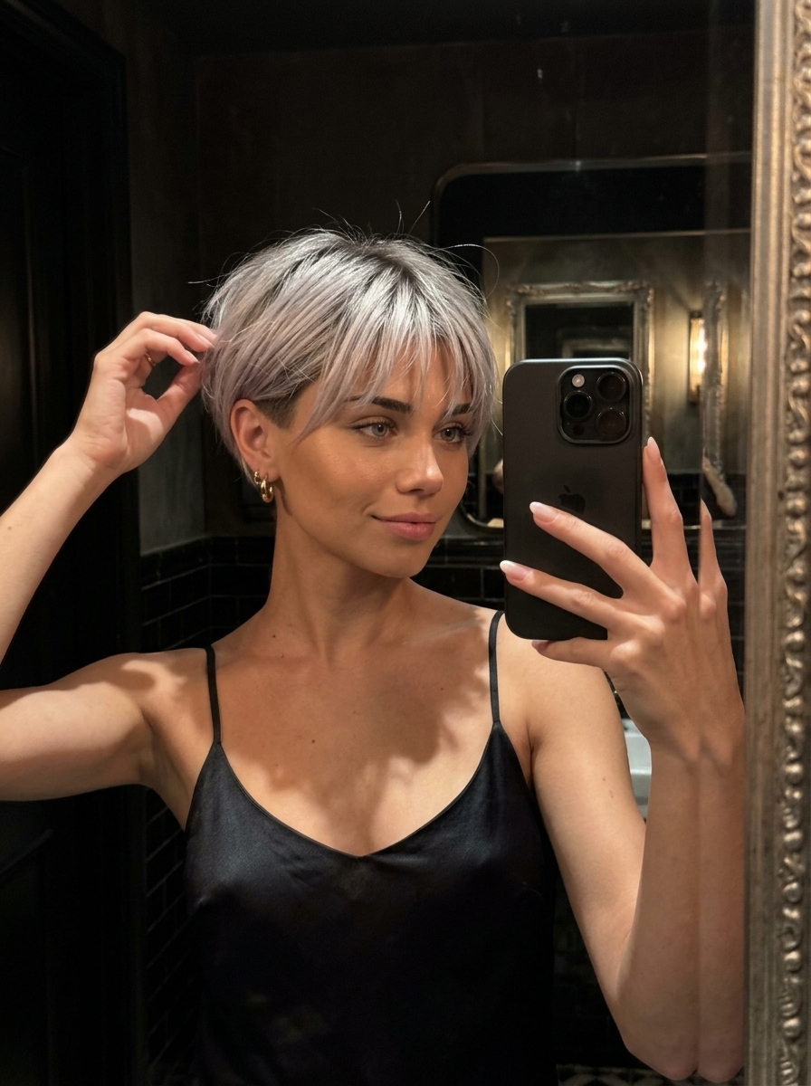 short pixie cool ash blonde with charcoal root smudge and textured fringe for minimalist chic