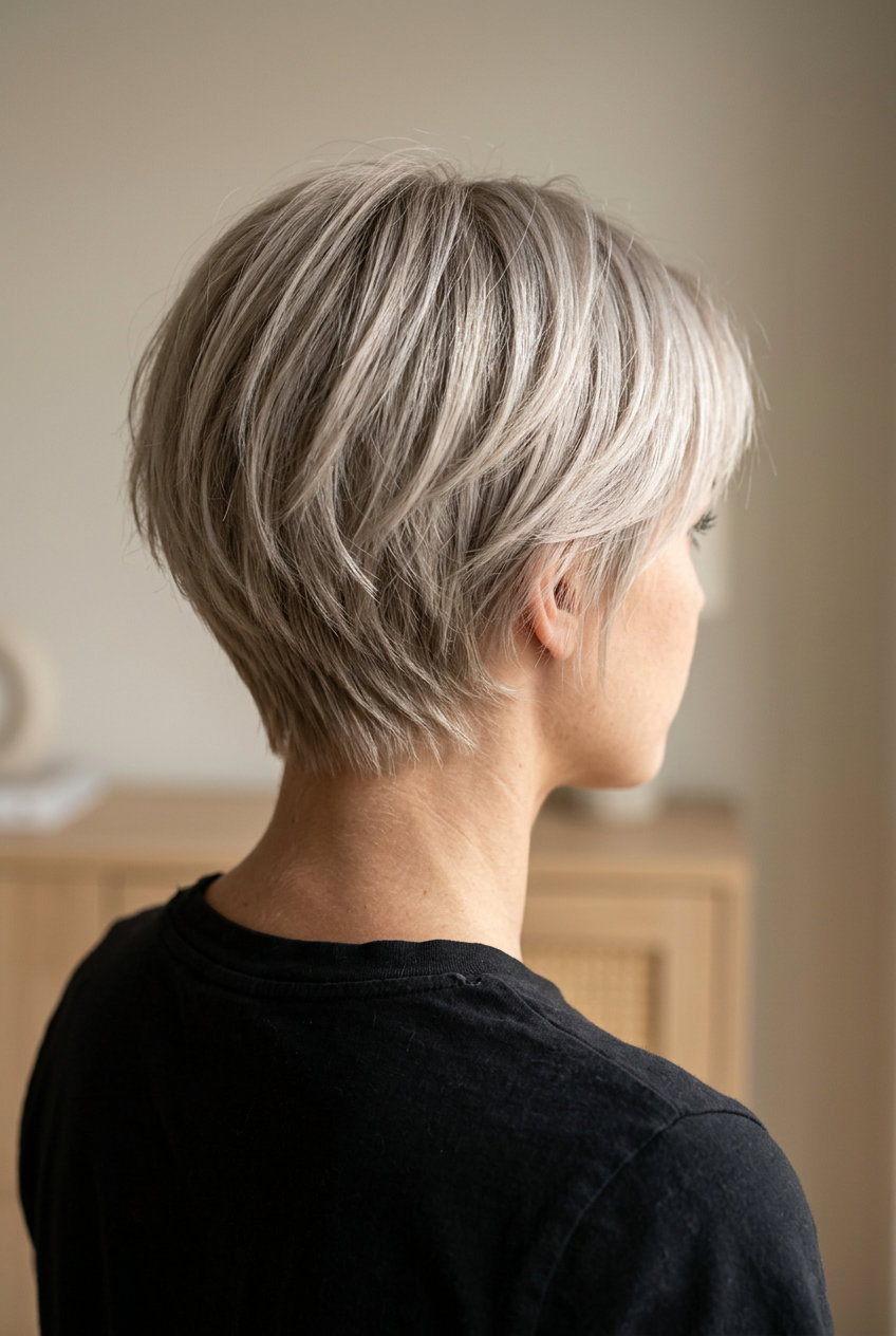 Ash Blonde Pixie Haircut 2026 very short pixie haircut with ash blonde, micro-fringe for minimalist modern