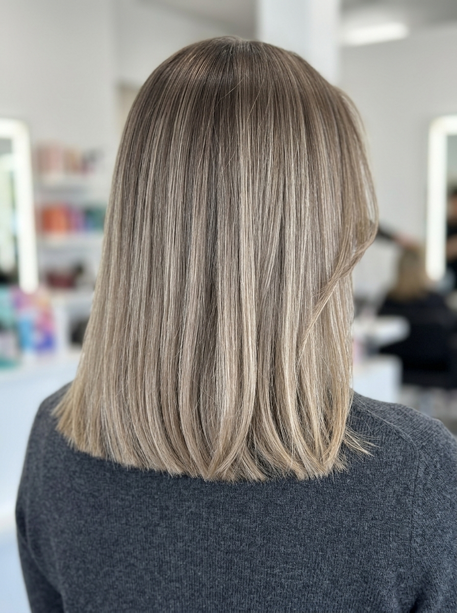 Ash Bronde Lob 2026: Versatile & Chic shoulder-length ash blonde lob with cool brown root melt, blunt perimeter, point-cut ends — versatile professional