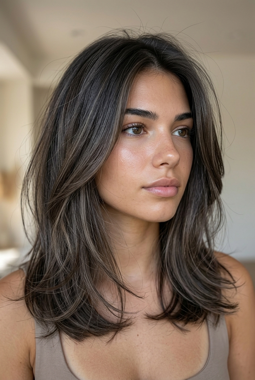 long espresso brunette hair color with cool ash-brown foilayage, charcoal undertones, for summer