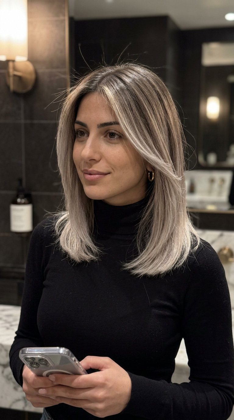 long ash brown shadow root balayage with cool beige and ash blonde ends, diffused root for professional wear