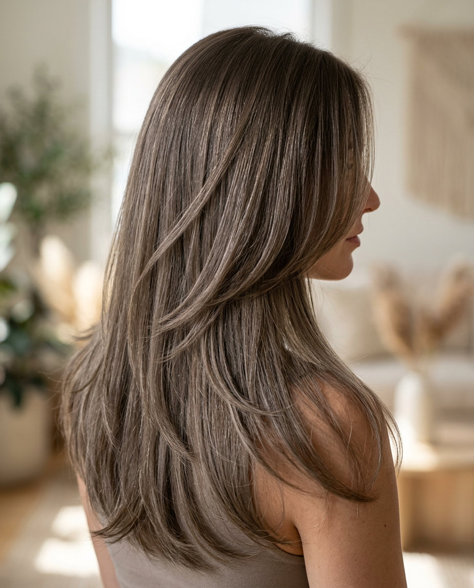 long butterfly haircut with cool ash brown and subtle ash balayage for effortless sophistication