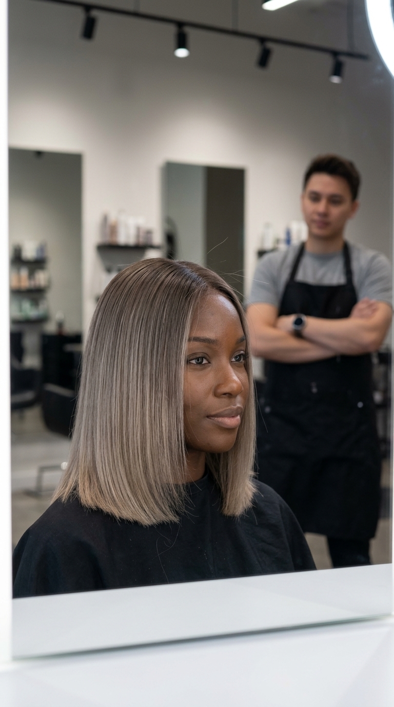 long ash brown to beige blonde ombre with cool tones, AirTouch blend, no fringe — minimalist style