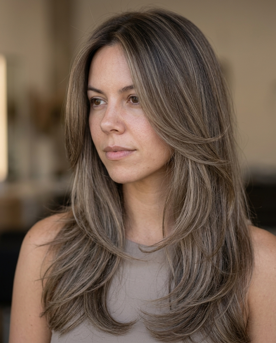 long U-cut waves with ash brown, internal layers, no bangs — minimalist cool brunette