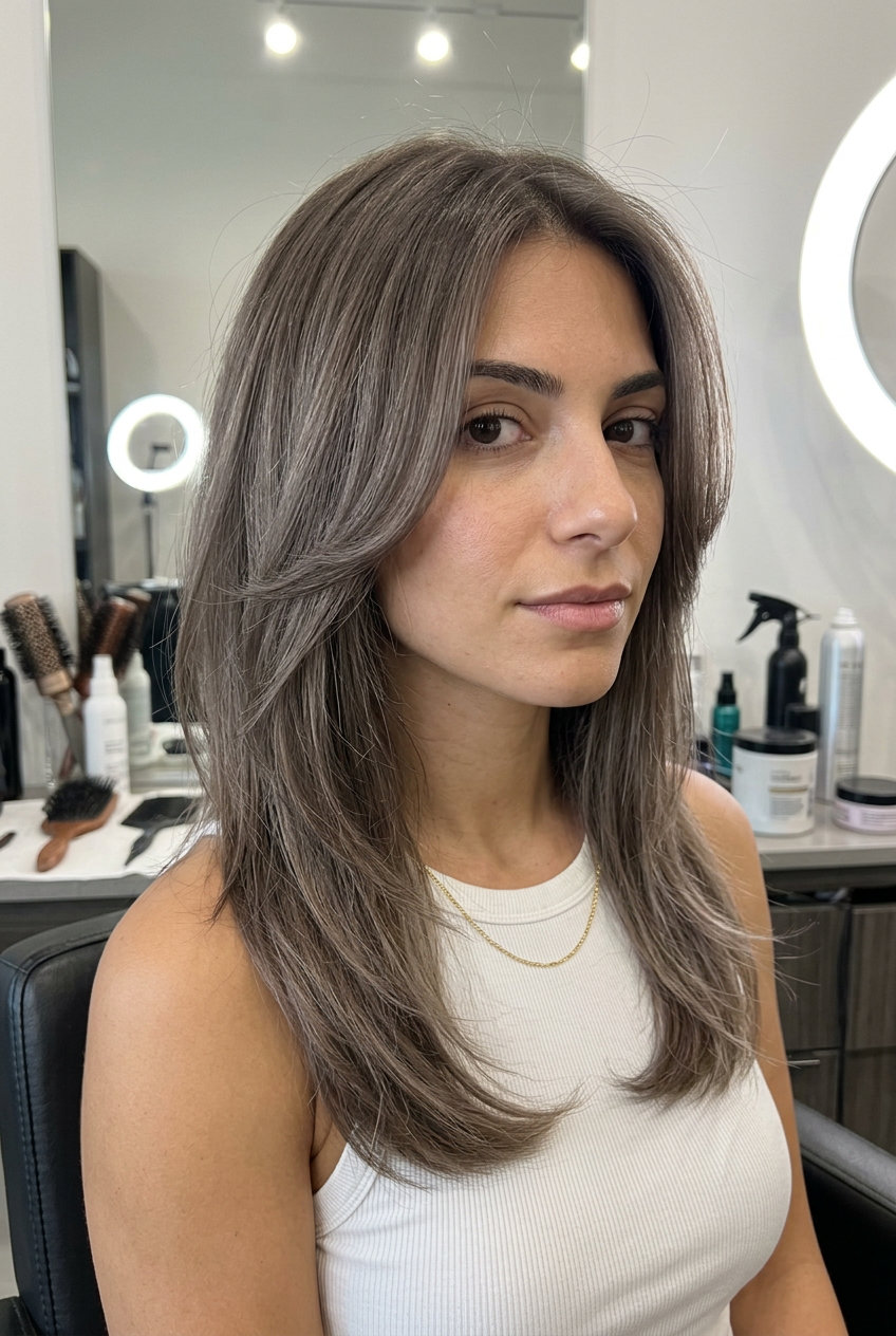 medium butterfly haircut in ash brown with silver toner, seamlessly blended layers, minimalist sophistication