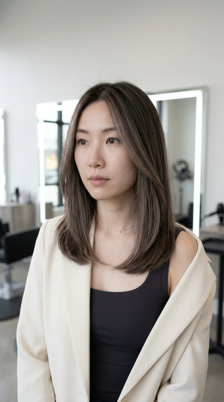 medium-length ash brown hair with cool espresso, babylights for date night