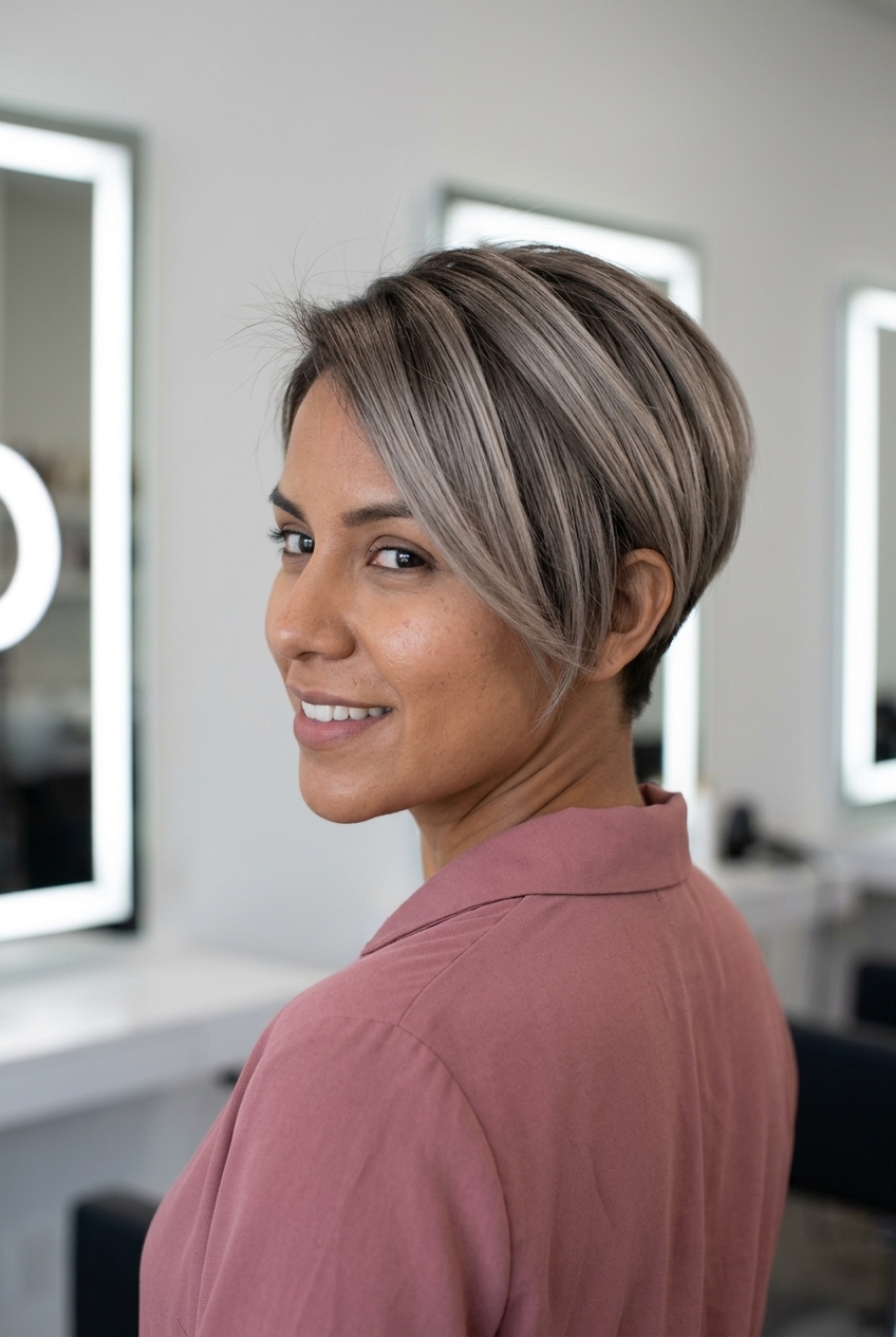 short ash brown to mushroom blonde ombre with cool tones, root smudge — edgy sophisticated
