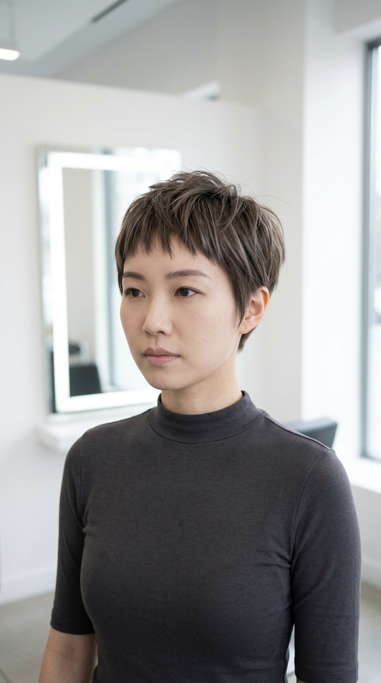 short ash brown pixie haircut with textured layers and micro-fringe for summer