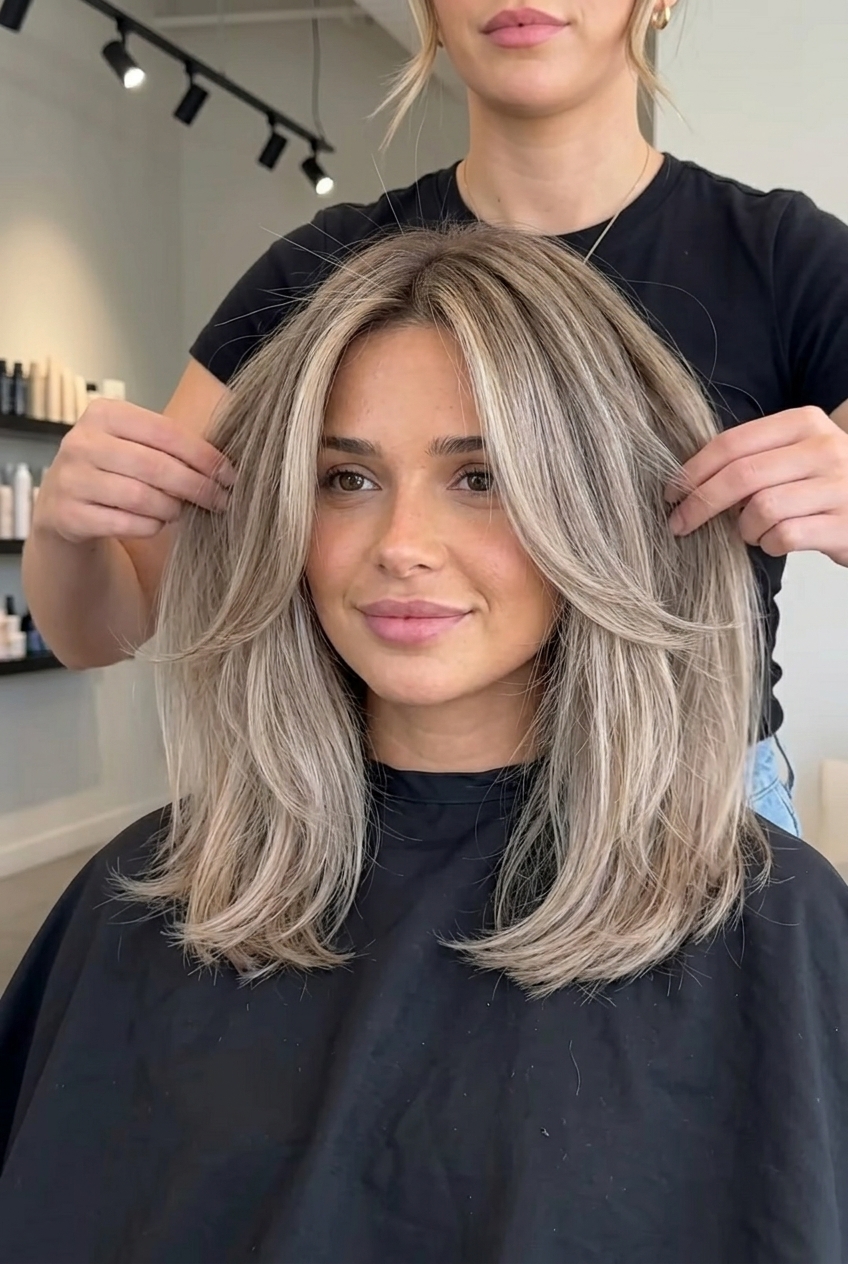 medium layered haircut with ashy blonde balayage and dark vanilla root for summer