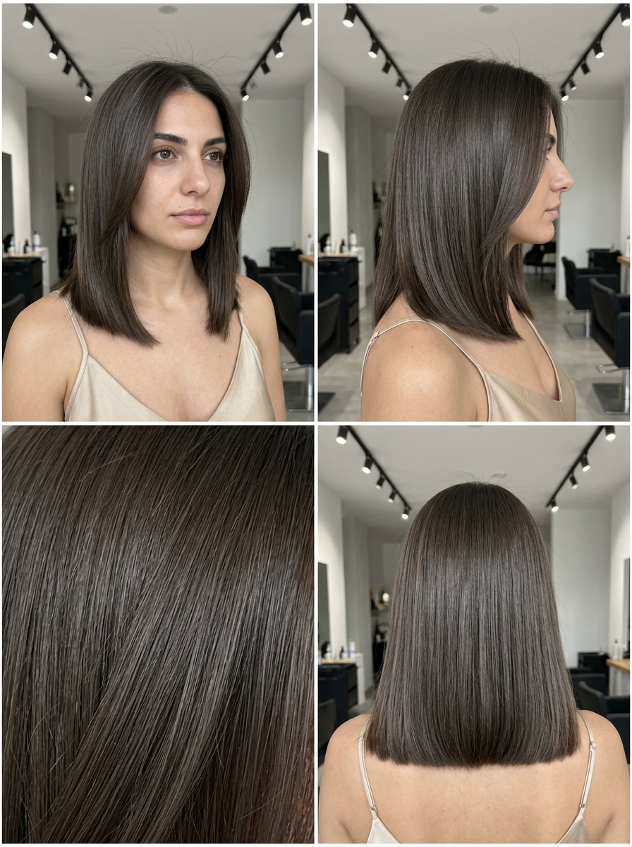 medium-length ashy dark brown hair, single process for professional settings