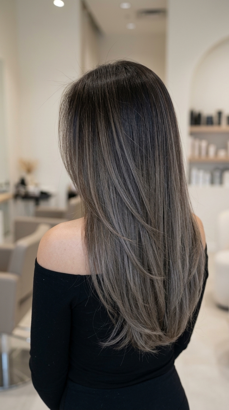 long layered brunette hair with ashy walnut ombre, deep espresso root to smoky grey-brown ends for dramatic look